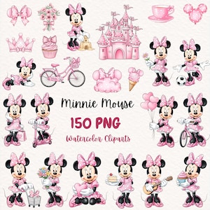 May include: A collection of pink watercolor clip art featuring Minnie Mouse. The set includes Minnie Mouse in various poses, a pink castle, a bicycle, bows, cupcakes, and the text "Minnie Mouse 150 PNG Watercolor Cliparts."