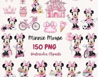 Minnie Maus Aquarell Clipart, süße Minnie Geburtstag Clipart, süße Cartoon, rosa Babyparty, Kinder Minnie Party Dekor, Minnie Cake Topper