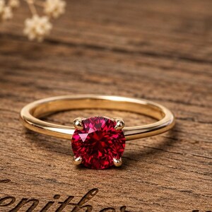 Può includere: Un anello in oro con una pietra preziosa rosso scuro, rotonda e sfaccettata, tenuta da quattro griffe. La parola Zenithcreation è incisa sotto l'anello, accompagnata da un piccolo cuore. L'anello è posizionato su una superficie in legno.