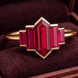 Hexagon Cut Pink Ruby Engagement Ring, Unique Rose gold Ring, Baguette Cut Ruby Ring, Vintage Art deco Bridal Wedding Delicate Ring For Her