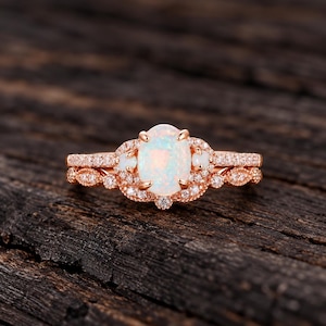 14k Rose Gold Oval Cut Fire Opal Anniversary Ring Set, Milgrain Curved Diamond Wedding Band, Promise Ring For Her