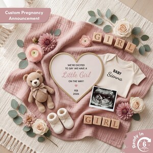 May include: A custom pregnancy announcement featuring a heart-shaped frame with text, a baby ultrasound image, a beige onesie, wooden blocks spelling "GIRL", a crochet teddy bear, and baby booties. The announcement includes the text "Little Girl" and "Baby Sienna".