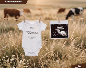 Benutzerdefinierte Farm Schwangerschaftsankündigung mit Baby-Body und Ultraschallfoto, rustikales Kuhfeld-Baby offenbaren, personalisierte Landhausstil Post