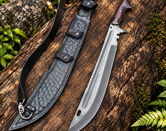 Machete de supervivencia forjado a mano con funda de cuero, espiga completa, ideal para actividades al aire libre, camping y bushcraft. Regalo perfecto para él.