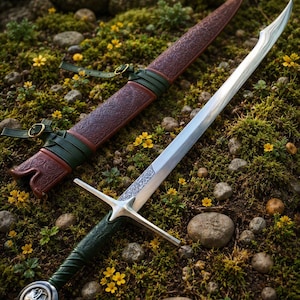 May include: A silver-toned sword with a curved blade and a green textured handle featuring a circular pommel. Beside it lies a brown leather scabbard with intricate embossed floral patterns, secured by green leather straps and brass buckles.