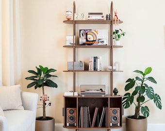 Walnut Vinyl Record Player Stand, 4-Tier Arched Bookshelf, Mid Century Modern Storage
