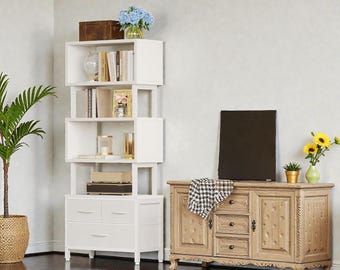 Tall Geometric Bookcase with Fabric Drawers, Modern Display Shelf
