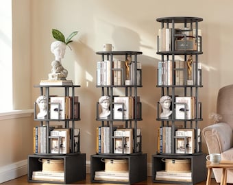 5 Tier Rotating Bookshelf with Storage Cabinet, 360 Spinning Corner Bookcase Tower