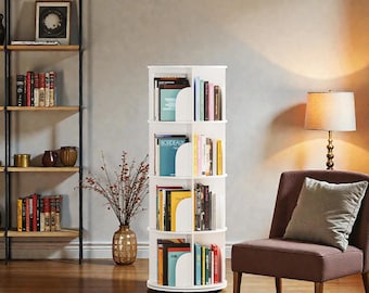 Rotating Bookshelf Tower, 4-Tier White Corner Shelf