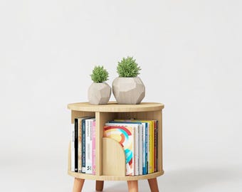 Pine Wood Rotating Bookshelf Tower 2 Tier Round
