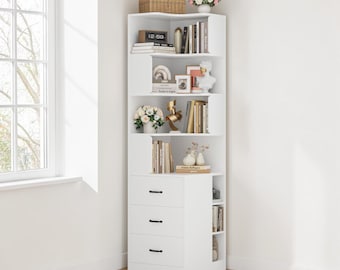 White L Shaped Corner Bookshelf 76.8in with Drawers