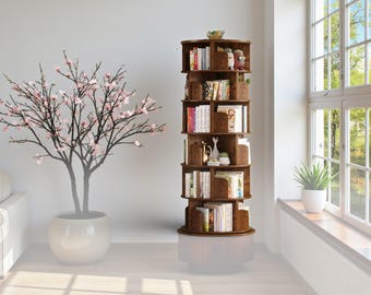 Rustic Brown Rotating Bookshelf, 6-Tier Corner Bookcase