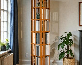 Rotating Bamboo Bookshelf Tower, 6-Tier Vertical Shelf