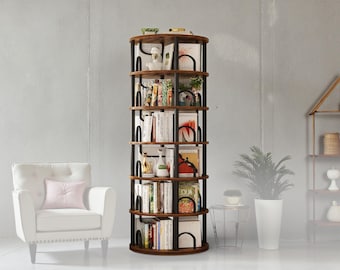 Rustic Brown Rotating Bookshelf Tower, 6-Tier Corner Bookcase