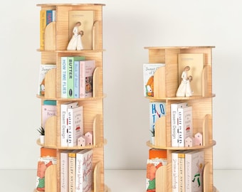 Montessori Rotating Bookshelf Tower, Solid Pine Book Storage