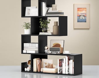 Black S-Shaped Bookshelf, 5 Tier Geometric Bookcase, Modern Display Shelf