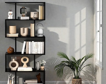 Industrial Modern 5-Tier Bookshelf, S-Shape Room Divider