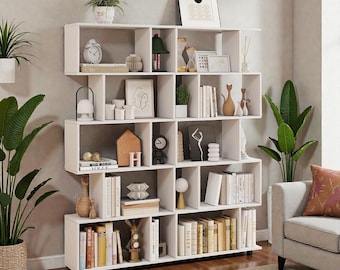 White Geometric Bookcase Set, Modern S-Shaped Bookshelf, Room Divider