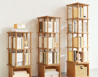 Oak Beech Wood Rotating Bookshelf Tower 3 Tier