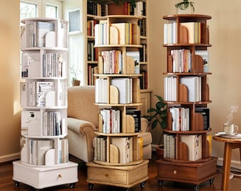 White 68in Rotating Bookcase with Drawer and Wheels