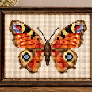 Könnte beinhalten: Ein gerahmtes Kreuzstichbild eines Schmetterlings. Der Schmetterling hat orange, braune, gelbe, blaue und schwarze Details. Der Rahmen ist dunkelbraun. Der Hintergrund ist hellbeige. Das Kunstwerk wird auf einer Holzoberfläche präsentiert.
