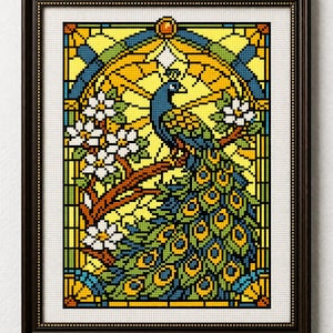 May include: Framed cross-stitch art featuring a peacock with a vibrant tail, perched on a branch with white flowers. The design is set against a stained-glass style background with yellow, blue, and green hues. The frame is dark brown.