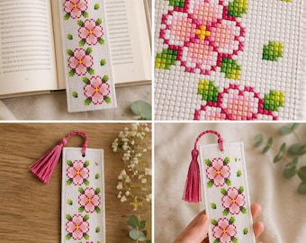 Pink Flowers Bookmark Cross Stitch Pattern - DMC & Anchor - Simple Embroidery Design - PDF Download