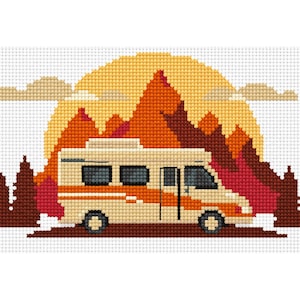 May include: A cross-stitch pattern featuring a cream-coloured recreational vehicle with orange stripes. The background displays a large yellow sun, orange and red mountain peaks, and dark brown silhouettes of pine trees against a white grid.