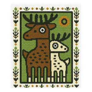 May include: A cross-stitch pattern featuring a brown deer and a smaller white fawn standing against a green background. The design includes a circular yellow sun and a decorative border of green and yellow floral motifs on a white fabric grid.