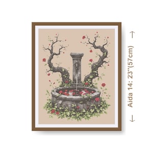 May include: Framed artwork featuring a detailed illustration of a stone fountain with water flowing into a basin filled with red rose petals. The artwork includes two stylized trees and is 23 inches (57cm) tall.
