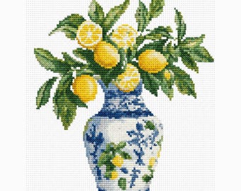 Wzór haftu krzyżykowego „Wazon cytrynowy” – DMC & Anchor Mediterranean Kitchen Decor (do pobrania w formacie PDF)