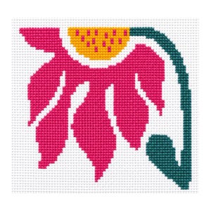 Può includere: Un motivo a punto croce su tela Aida bianca che raffigura un fiore stilizzato con un centro giallo brillante, petali rosa vivace e uno stelo con foglia color verde ottanio scuro. Il disegno è composto da singoli punti quadrati ben definiti.