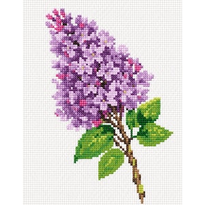 May include: A cross-stitch pattern featuring a cluster of purple and light violet lilac flowers with small yellow centers. The floral arrangement includes a brown stem and several green leaves, all rendered in a grid-like pixelated style.
