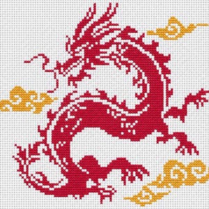 May include: Cross-stitch pattern of a red dragon with white accents and yellow clouds on a white background. The dragon is in a dynamic pose, with detailed scales and a flowing mane. The design is suitable for embroidery projects.