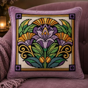 May include: Square decorative pillow with a purple velvet cover. The pillow features a detailed cross-stitch design of stylized flowers in shades of purple, orange, green, and yellow, framed by a black and gold border. The pillow is placed on a purple armchair.