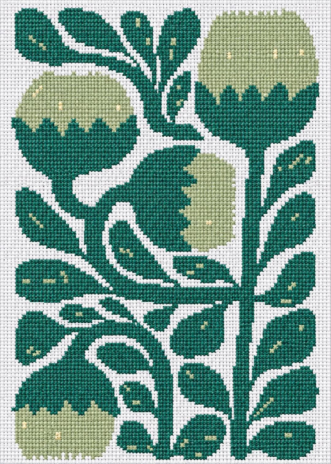 Modern Green Floral Cross Stitch Pattern - DMC & Anchor - Abstract ...
