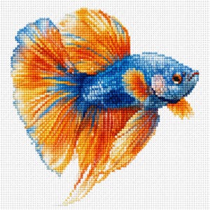 May include: A cross-stitch pattern of a Betta fish, showcasing vibrant orange and blue hues. The fish's flowing fins and body are meticulously detailed, creating a textured effect against a white background. The artwork captures the fish's graceful form.