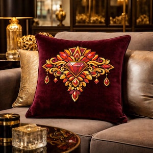 Puede incluir: Un cojín cuadrado de terciopelo burdeos con un diseño bordado. El diseño presenta un gran diamante rojo en el centro, rodeado de patrones florales y geométricos dorados y anaranjados. El cojín descansa sobre un sofá marrón.