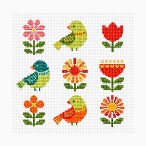 Scandinavian Folk Bird Cross Stitch Pattern - DMC & Anchor Whith Flowers Needlework (PDF Download)