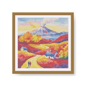 Puede incluir: Pintura de paisaje enmarcada que representa una colorida escena otoñal. La obra presenta un camino sinuoso, casas y una montaña con una columna de humo. La paleta de colores incluye rojos, amarillos y azules.