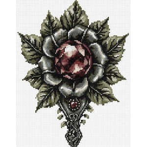 Gothic Ruby Flower Cross Stitch Pattern - DMC & Anchor Dark Embroidery Design (PDF Download)