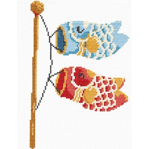 May include: A cross-stitch pattern featuring two carp-shaped windsocks, one blue and one red, attached to a vertical wooden pole. The fish have detailed scale patterns in white and yellow, with black eyes, and are connected to the pole by black thread.