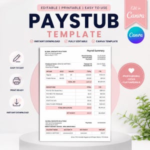 May include: A digital paystub template featuring a clean, professional layout with sections for income, deductions, and net payment. The document includes placeholders for company details, employee information, and payroll summary data in black text.