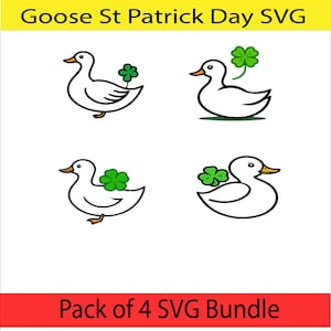 Puede incluir: Ilustración digital de cuatro gansos blancos con contornos negros y picos naranjas, cada uno con un trébol verde. Se muestra el texto "Goose St Patrick Day SVG" y "Pack of 4 SVG Bundle".