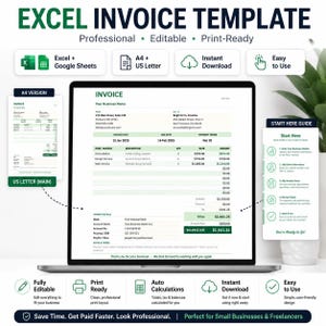 Może przedstawiać: Cyfrowy szablon faktury Excel wyświetlony na ekranie laptopa, zawierający sekcje na dane firmy, wyszczególnione usługi, ilości, stawki i sumy. Dokument zawiera przewodnik startowy oraz opcje formatów papieru A4 i US Letter.