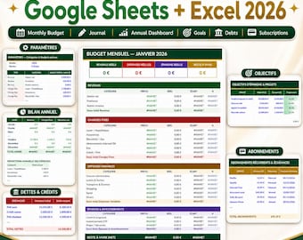 May include: A digital French budget tracker for Google Sheets and Excel 2026. The interface displays tables for monthly budgets, annual summaries, savings goals, debts, and subscriptions with columns for categories, planned amounts, and actual expenses.
