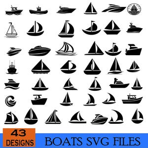 Puede incluir: Una colección de 43 diseños de barcos negros en formato SVG. La imagen presenta varios tipos de barcos, incluyendo veleros, lanchas motoras y yates, con un estilo audaz y minimalista. El texto en la parte inferior dice "43 DESIGNS BOATS SVG FILES".