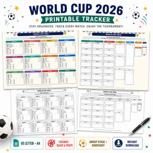 May include: A World Cup 2026 printable tracker set featuring group stage and knockout game charts. The documents include tables for match scores and team standings, with text reading World Cup 2026, Printable Tracker, and Stay Organized.