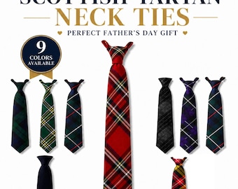 Op de afbeelding: Een collectie van negen dassen met diverse Schotse ruitpatronen in kleuren zoals rood, groen, blauw, zwart, paars en geel. De tekst luidt SCOTTISH TARTAN NECK TIES, 9 COLORS AVAILABLE en PERFECT FATHER'S DAY GIFT.