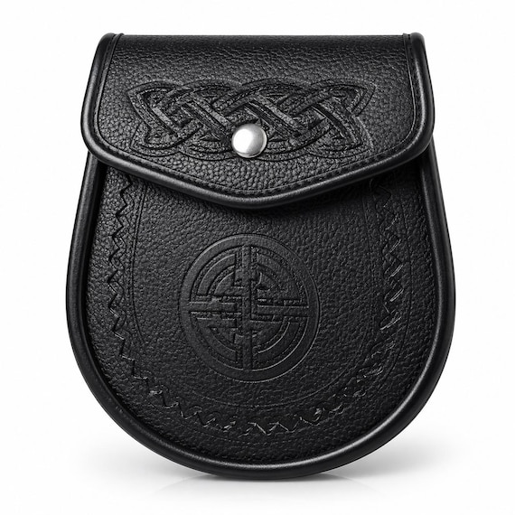 Handmade Genuine Leather Scottish Sporran Black Celtic Kilt Pouch with Chain Belt Highland Wear
